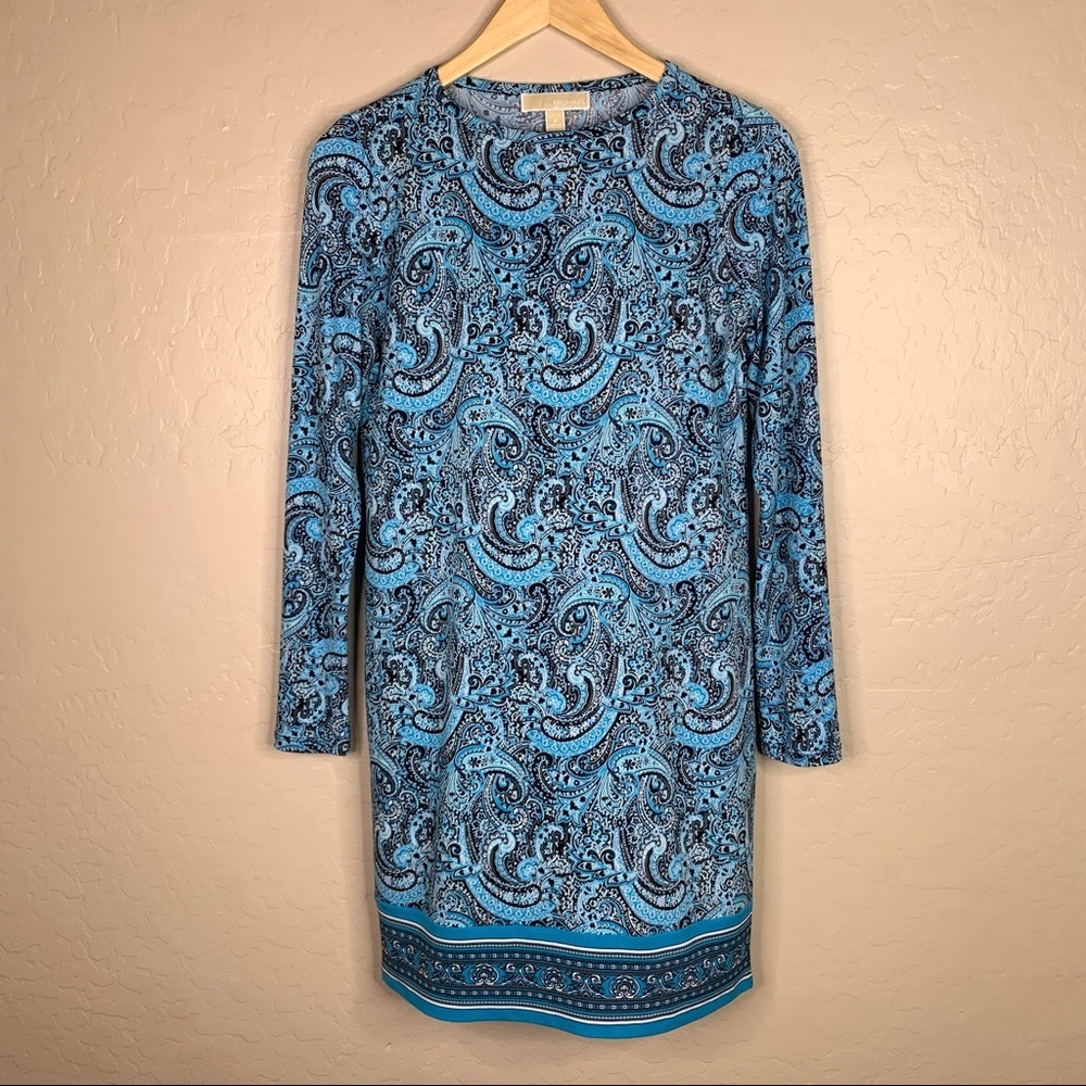 Michael Kors Blue Long Sleeve Paisley Print Shift Dress